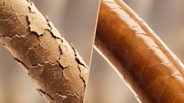 A split-screen comparison showing damaged, dry hair fibers next to healthy, smooth, and shiny hair.