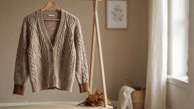 Beige cable knit cardigan on a wooden rack beside a window