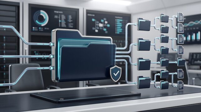 Digital data structure with folders and shield icon