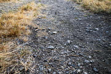Obraz premium Rough gravel path with small stones, dry grass and natural ground texture