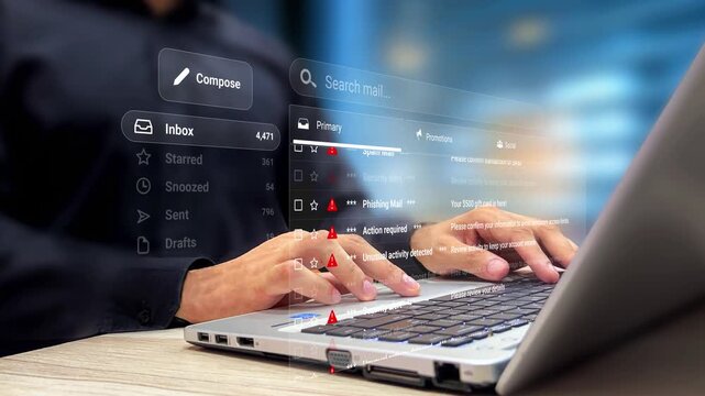 Person Using Laptop to Filter Inbox Spam Emails. Spam Mail Notifications, Phishing Emails, Unusual Activity, Security Alert, Cyber Threats and Fraud Detection, Inbox Risks, Warning. 4K Video