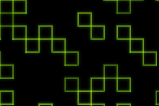 Digital abstract pattern with glowing green squares on black