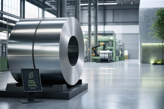 High‑polish low‑carbon steel coil in modern factory with CO2 Neutral display sustainable green steel hydrogen smelting decarbonization manufacturing supply chain industrial automation net zero