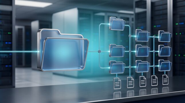 Digital data structure with glowing folders and files in server room