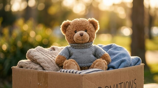 A childhood charity and giving concept featuring a teddy bear in a clothes donation box under warm sunlight