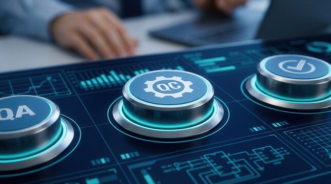 Visualization of quality management concept with QA QC and improvement icons on a diagram, defocused compliance and quality assurance photography.