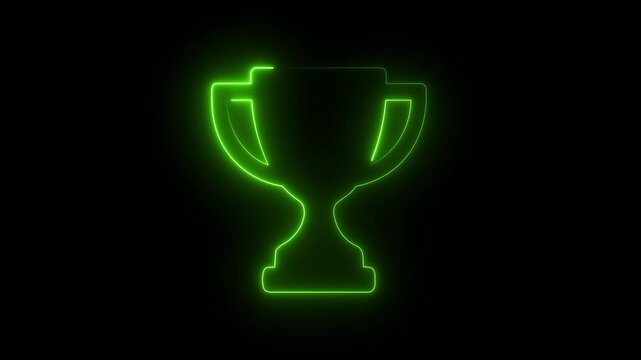 Glowing green neon trophy cup icon outline winner award sports victory concept dark black background.