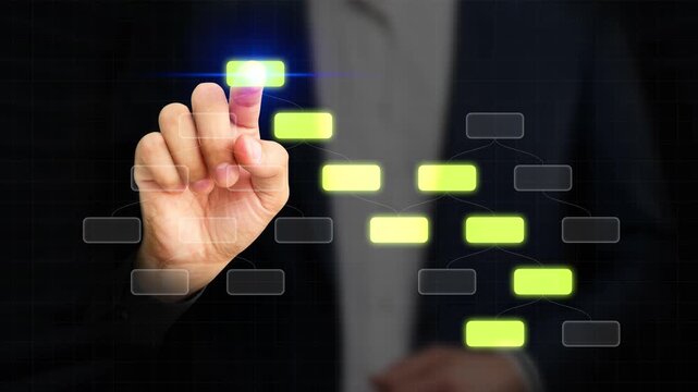 Decision Tree Analysis. Businessman Analyzing Strategy with Flowchart on Virtual Screen. Strategic Planning, Business Decision Making, Process Optimization, Risk Assessment, Workflow. 4K Video