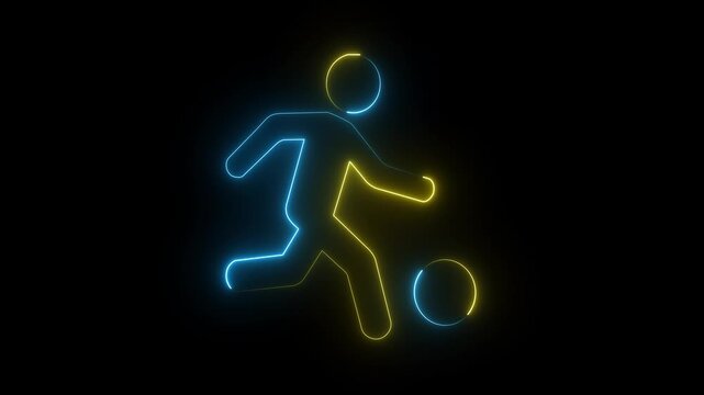 Glowing yellow blue neon soccer player icon outline football athlete action concept dark background..
