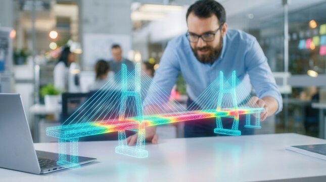 Civil engineer in a modern office reviewing a holographic bridge structural integrity model with a stress point heat map overlay, infrastructure technology concept