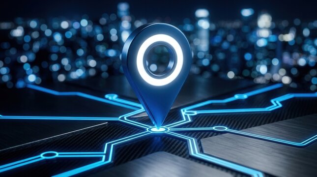 Glowing strategic route with a digital pin drop animation style marker, featuring copy space for location-based business planning and milestone achievement.