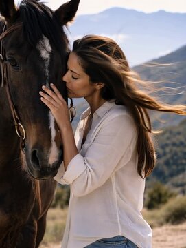 Young woman gently embracing horse in scenic mountain landscape showing trust and emotional connection