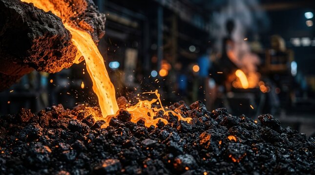 Close-up of molten flow slag transitioning to solid black granules in an industrial metallurgy process during water cooling, including copy space