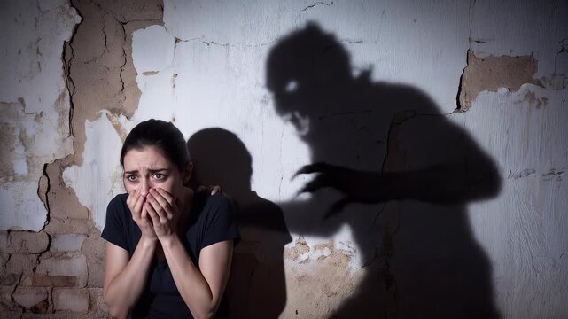 Scared young woman cowering against cracked wall as monstrous shadow looms. Terrified victim facing supernatural threat in abandoned building. Lockdown medium shot.