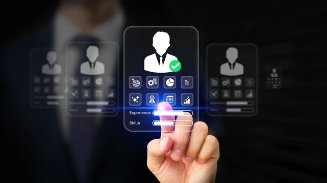 Recruitment Process in HR Management. Businessman Using AI to Filter Talent, Analyze KPI Data, Review Candidate Resume on Virtual Screen. Job Interview, Select Top Talent Profiles, Digital Hiring. 4K