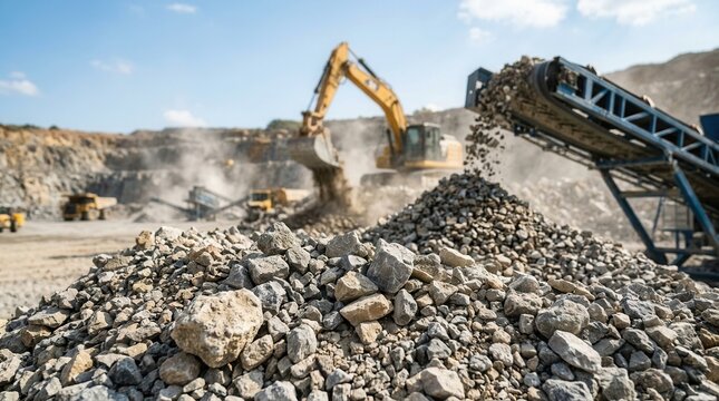 Mineral separation and processing concept featuring heavy machinery sorting rocks and dust at a quarry with a vibrating screen