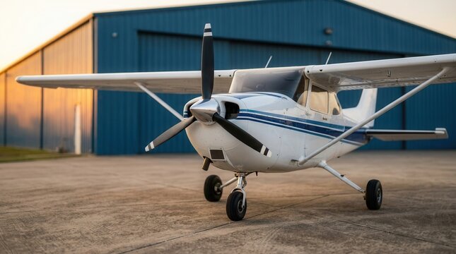 Private aircraft photography of a small airplane parked near hangar on quiet airfield, general aviation concept, defocused airstrip background, with copy space
