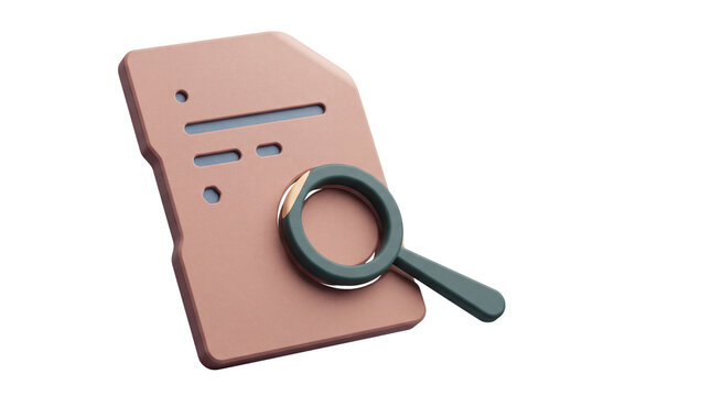 3D document icon with magnifying glass, pink file folder for data search and information analysis, digital document audit concept isolated PNG with Transparent Background