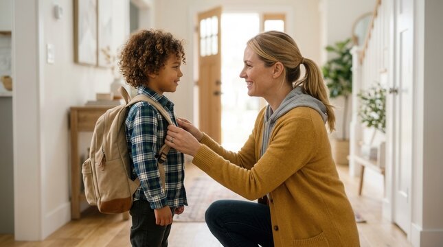 Inclusive family scene with a foster parent kneeling to eye level, adjusting a new foster child's first-day backpack in a warm, welcoming home hallway