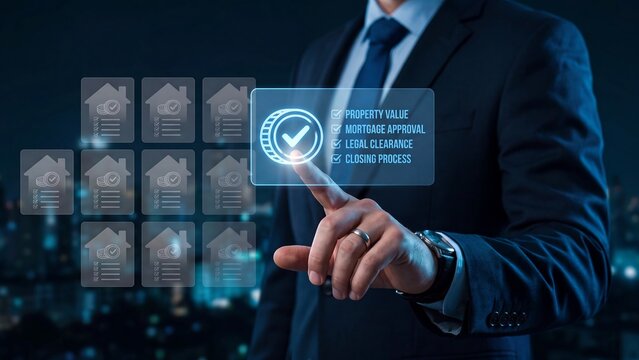 Businessman touching checkmark interface with property value mortgage approval legal clearance and house document icons real estate concept for home loan verification and property closing process