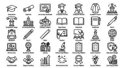 Fototapeta premium Professional Graduation Celebration and Education Black Outline Doodle Icon Pack with Diploma Student University Degree and Editable Stroke Vector Symbols
