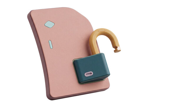 Unlocked SIM card with open padlock, mobile security and data protection concept, pink cellular chip with secure access symbol isolated PNG with Transparent Background