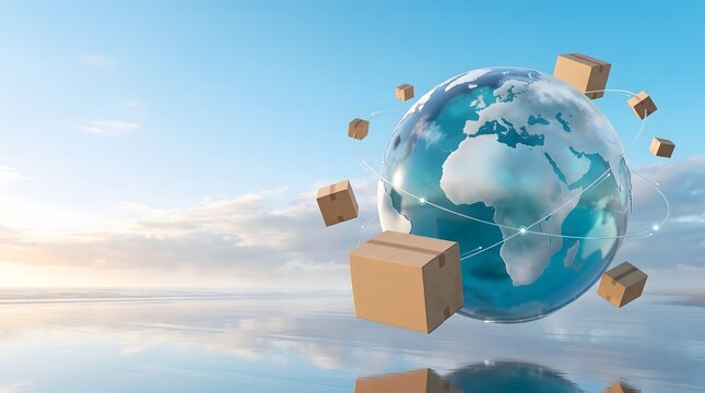 Global shipping and logistics concept with cardboard boxes orbiting planet Earth