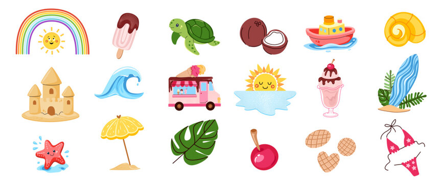 Ice cream and dessert clipart. Collection with waffle cones, scoops, popsicles, milkshake, strawberries, cherries and cookies. Summer illustration set