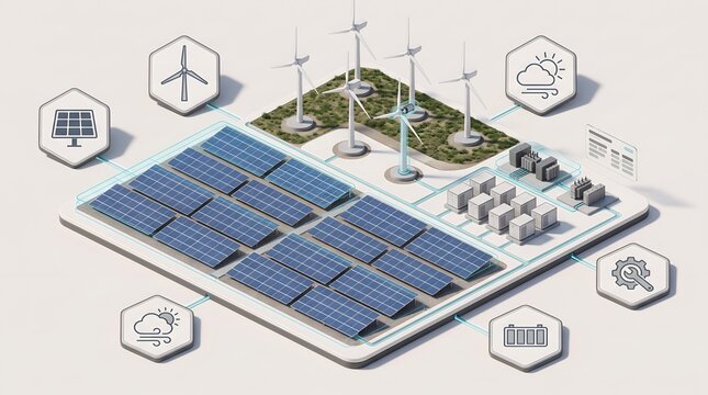 Isometric microgrid energy model featuring solar and wind power with smart battery storage infrastructure