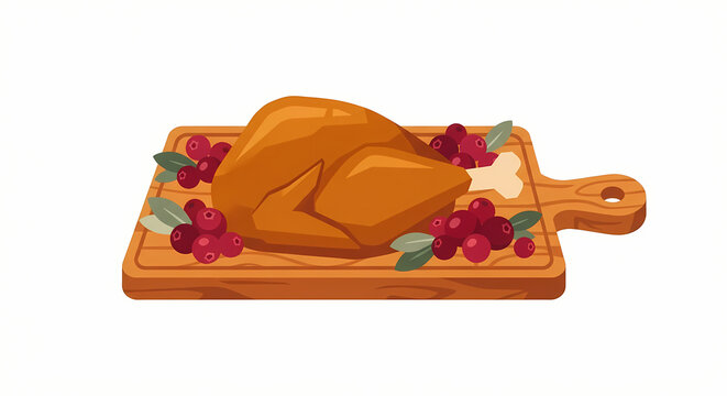 Traditional Roasted Thanksgiving Turkey With Cranberries On Wooden Board Vector Illustration