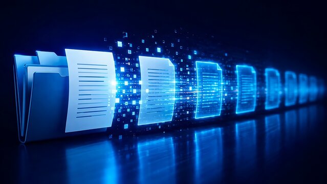 High speed digital data transfer concept with glowing blue folders and documents flying through cyberspace representing cloud storage and organization