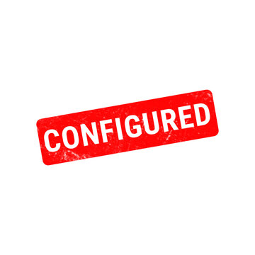 Configured red rubber stamp icon, weathered grunge texture seal, industrial setup and verification label for business documentation