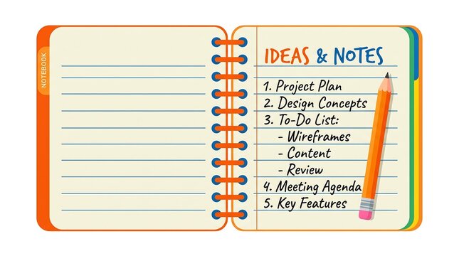 Handwritten notebook ideas notes project plan design concepts lists, professional stationery illustration, paper pages pencil, creative brainstorming template, workspace productivity