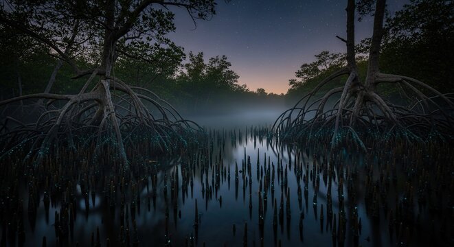 Misty mangrove forest at dawn.
