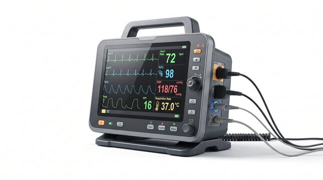 Medical patient monitor with vital signs display, portable hospital heart rate monitor, electronic clinical diagnostic equipment on white background
