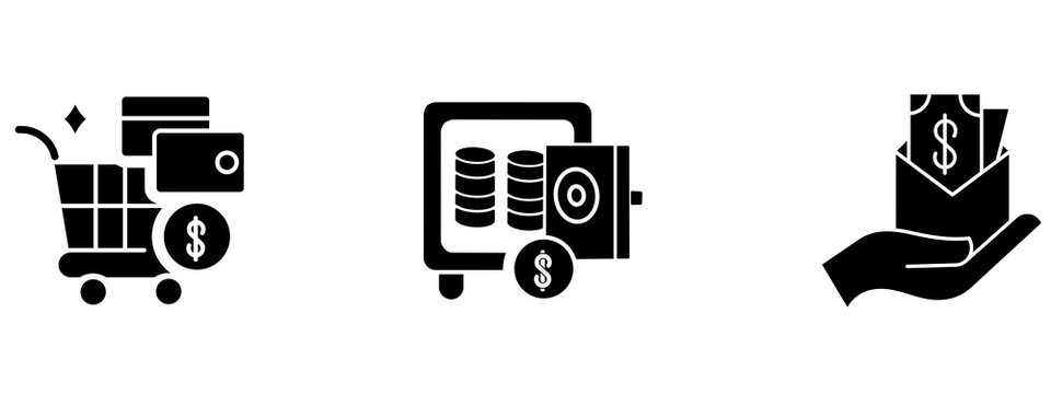 Finance and shopping solid glyph icon set with shopping cart and credit cards, bank safe vault, and hand holding money envelope salary. Symbol of payment, savings, e-commerce, and wealth.