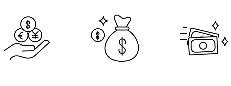 Money and finance outline icon set with multi-currency coins in hand, money bag with dollar sign, and cash banknotes. Symbol of banking, currency exchange, investment, income, and wealth.