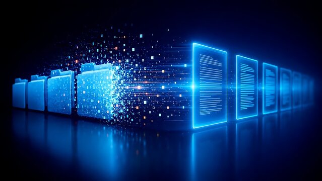 Digital folders converting into glowing electronic documents and data particles representing file management and cloud computing