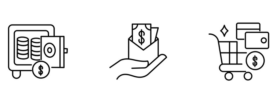 Finance and shopping outline icon set with bank safe vault, hand holding money envelope salary, and shopping cart with credit cards. Symbol of savings, payment, e-commerce, and wealth.