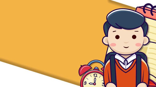 Back to School Cartoon Background with Cute Student Boy and Alarm Clock.