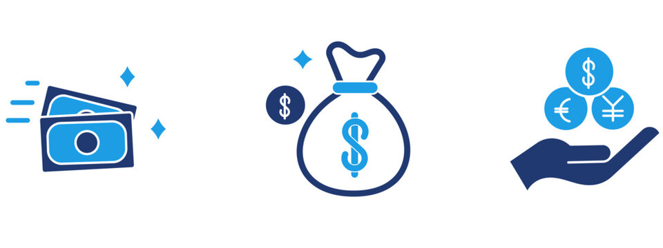 Finance and money icon set featuring cash banknotes, a money bag with dollar sign, and hand holding multi-currency coins. Symbol of banking, wealth, forex exchange, investment, and income.