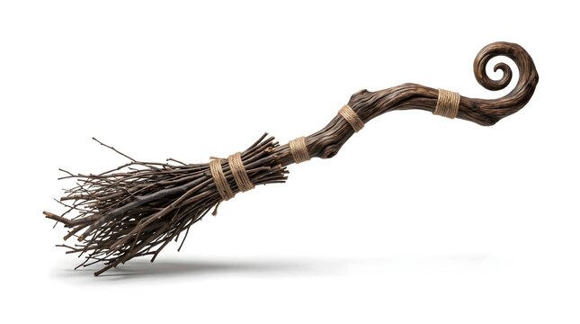 Fantasy Witch Broom with Curved Wooden Handle Isolated on White