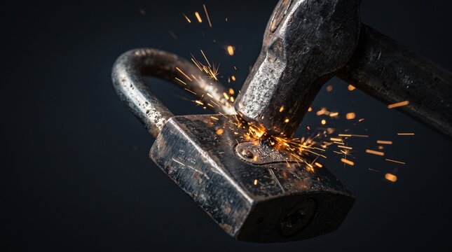 Heavy metal hammer strikes old iron padlock creating bright orange sparks against dark moody background
