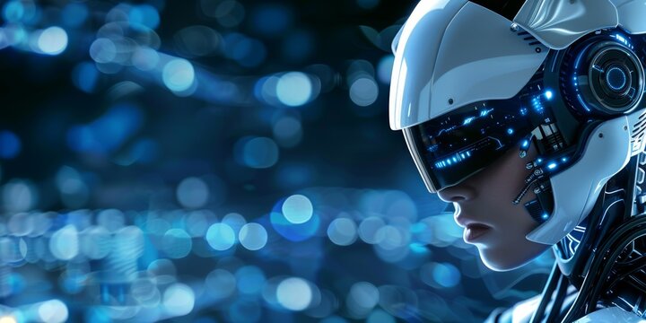Futuristic robot with advanced technology and glowing circuits in a cybernetic landscape at night