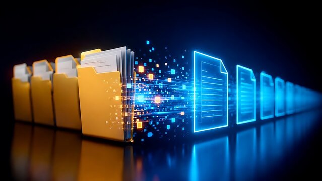 Yellow physical document folders converting into blue glowing digital files visualizing data archiving and digital migration