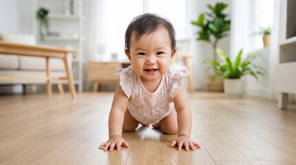 Fototapeta premium Happy Asian Baby Girl Crawling on Floor in Modern Bright Living Room with Indoor Plants and Natural Light