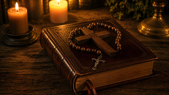 A wooden cross and rosary beads resting on an antique leatherbound bible with lit candles in the background