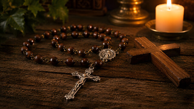 A wooden cross and a catholic rosary with a crucifix on a rustic wooden table with a candle
