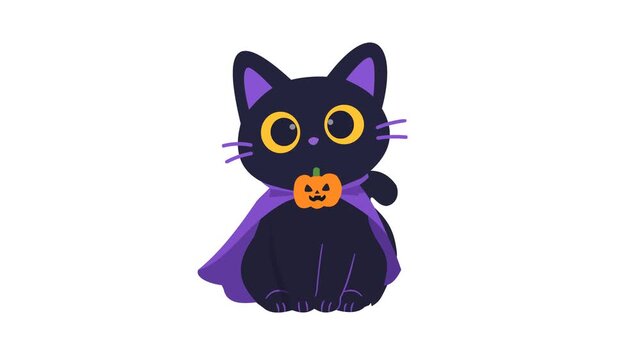 Cute Black Cat Wearing Vampire Cape Holding Pumpkin Basket Halloween Illustration