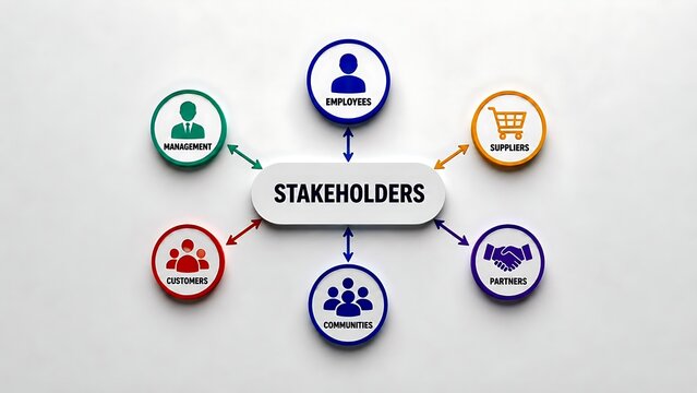 3D infographic diagram showing stakeholders connections to management, employees, suppliers, partners, communities, and customers on a white background.